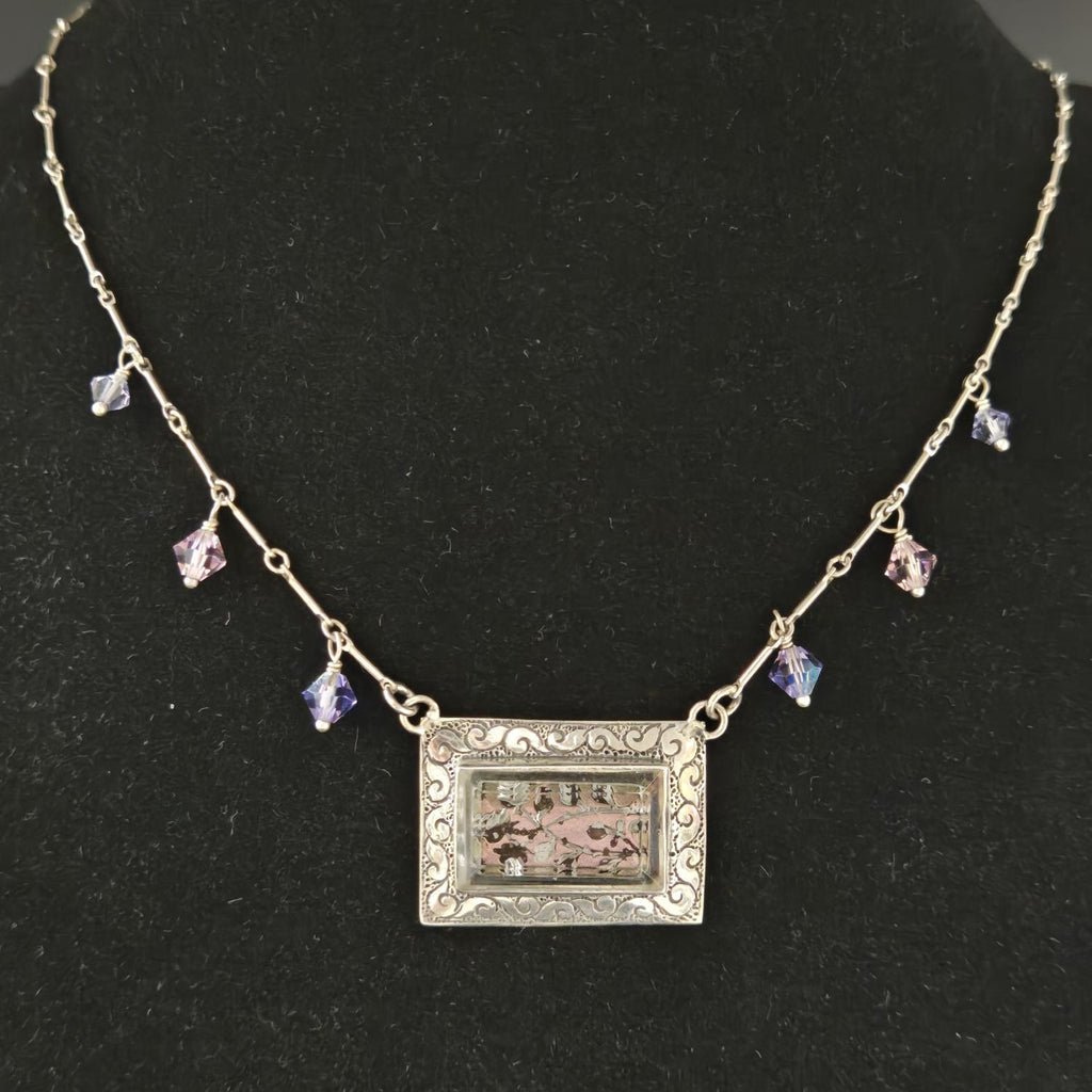Pink Filigree Rectangle Pendant on Beaded Chain by Nicollette Gamache
